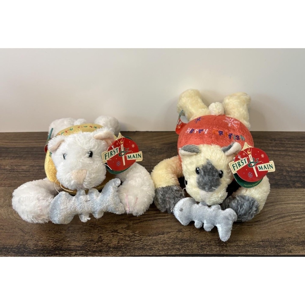 Vintage Lot Of 2 First and Main Merry Catfish 8" Plush Cat Bulb Ornaments Tags